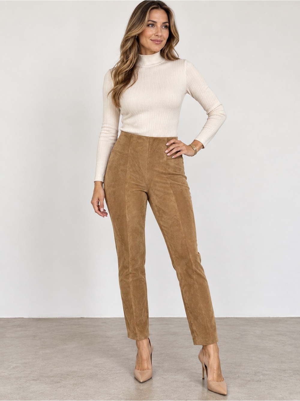 Hope & Harlow Women’s Faux Suede High-Waisted Pants – Camel/Tan – Size M